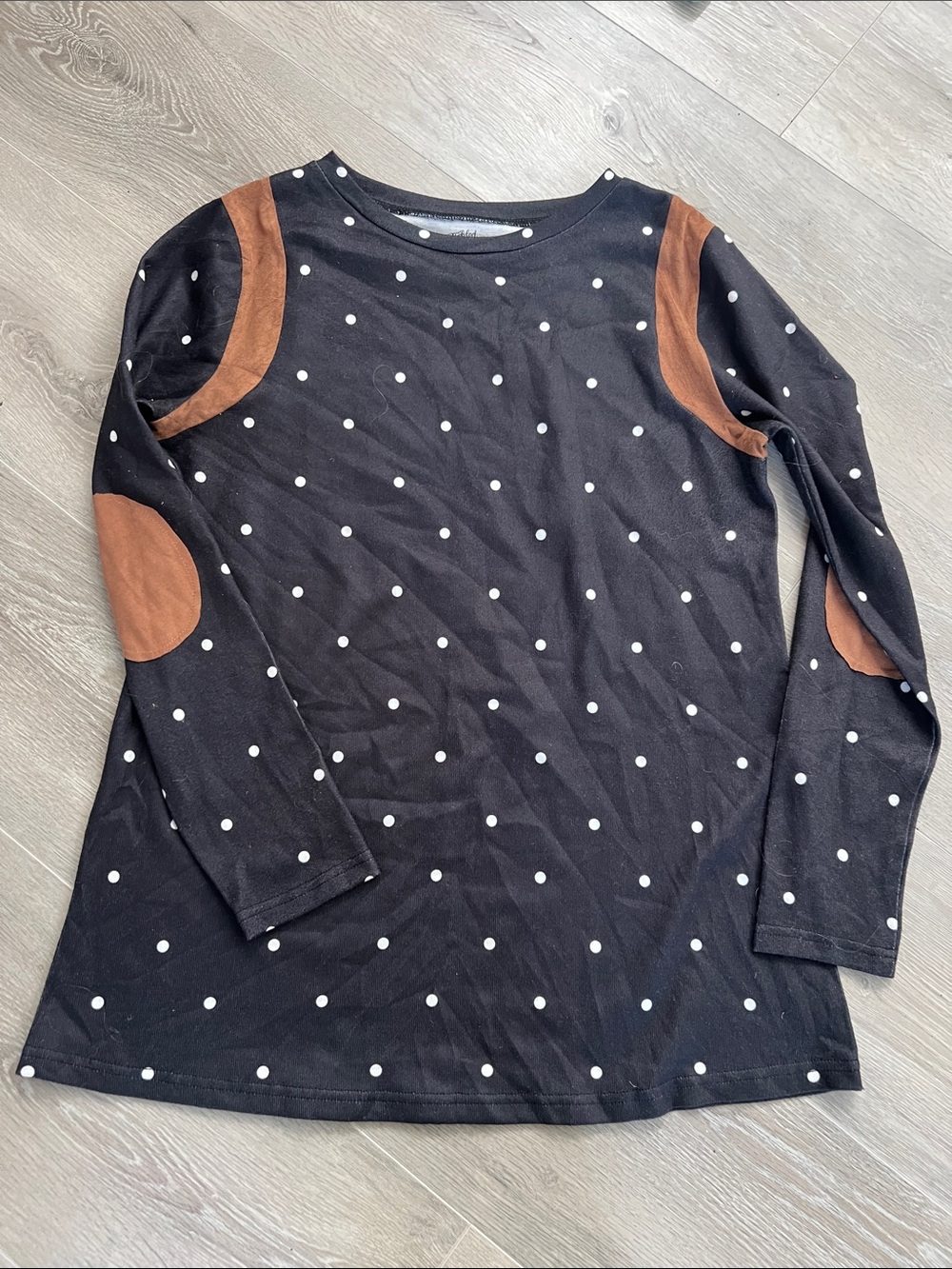 Black Polka Dot Long-Sleeve Tunic Top with Brown Elbow Patches women
